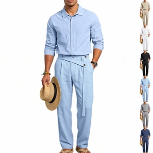 Ensemble décontracté en lin pour homme avec chemise à manches longues et pantalon