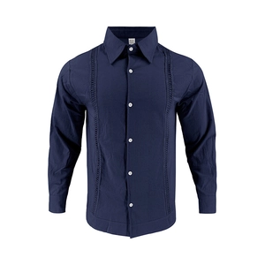 Detail of dark blue linen shirt featuring vertical hollow-out knit patterns and white buttons