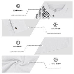 Detailed close-up of white linen shirt collar with ethnic patterns and wooden buttons
