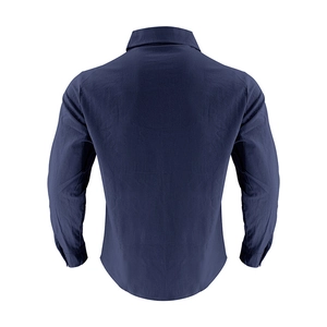 Macro detail of navy blue linen blend shirt showing slim fit cut and fabric texture