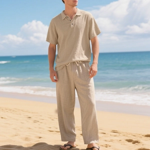 Heren tweedelige linnen set met korte mouwen overhemd en lange broek voor zomervakantie