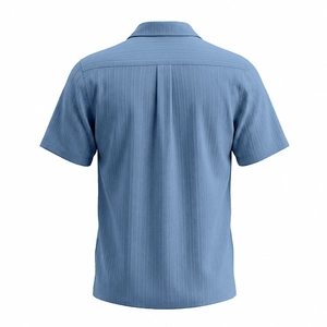 Close-up of light blue Cuban collar shirt with vertical ribbed texture and back pleats
