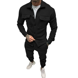 Completo casual da uomo 2 pezzi con giacca polo a maniche lunghe e pantaloni sportivi neri