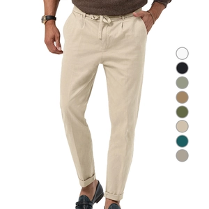 Men's slim fit beige casual drawstring pants with folded cuffs and elastic waist