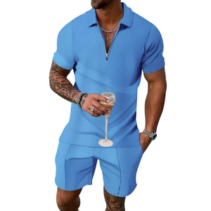 Men's light blue waffle fabric summer set with zipper polo shirt and drawstring shorts