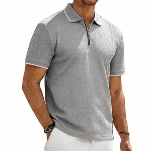 Men's light grey polo shirt with jacquard texture and white trim on collar and cuffs