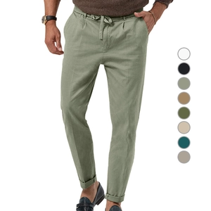 Men's casual solid long pants with drawstring waist and sage green twill fabric texture