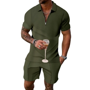 Men's summer casual waffle knit short sleeve polo set and matching shorts in army green