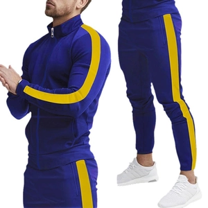 Men's royal blue tracksuit with yellow side stripes and stand collar jacket set