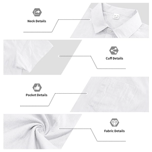 Detalles del cuello de camisa blanca, bolsillo, puño de manga y etiqueta de talla XL