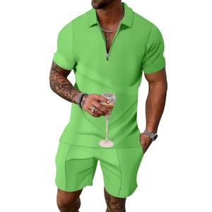 Men's neon green summer casual two-piece set with waffle texture polo shirt and shorts