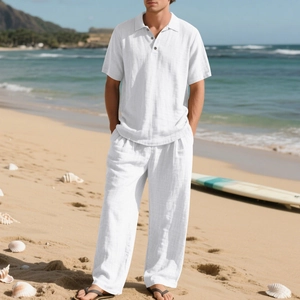 Ensemble de plage blanc en lin pour homme avec polo manches courtes et pantalon