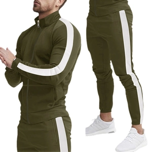 Olive green men's track suit with white side stripes and stand collar zip jacket