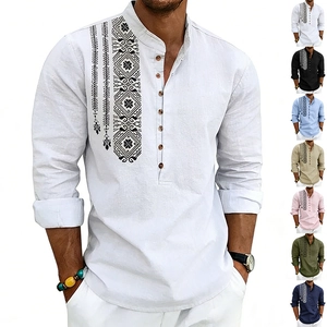 Men Casual Linen Henley Shirt Bohemian Ethnic Print Stand Collar Long Sleeve Loose Fit Beach Vacation Summer Top Breathable Cotton Blend Apparel