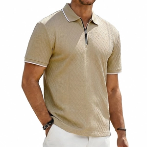 Men's khaki jacquard polo shirt with zipper collar and contrast stripes in slim fit
