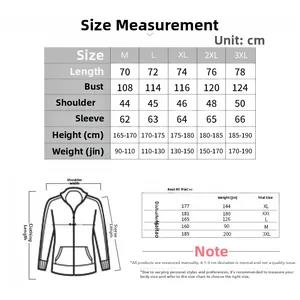 Size chart for men's sports set with detailed measurements and fit guide