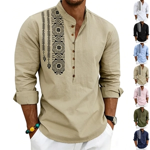 Men's bohemian linen long sleeve Henley shirt with ethnic print in multiple colors