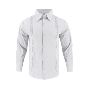 Detail of white linen shirt showing vertical hollow-out embroidery and buttons