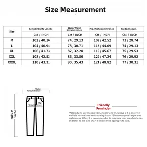 Detailed size chart for men sports set trousers with metric and imperial measurements