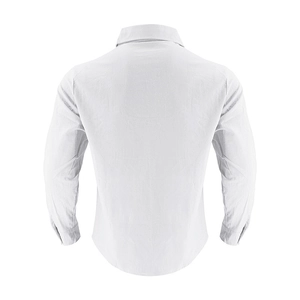 Macro view of white linen shirt back featuring standard collar and curved hem details