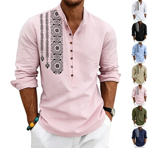 Men's loose bohemian linen shirt with long sleeves and pink ethnic print pattern