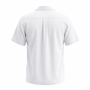 Rear view of white short-sleeve shirt with back pleats and vertical striped texture