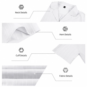 Macro details of white Cuban collar shirt showing fabric texture and M size label