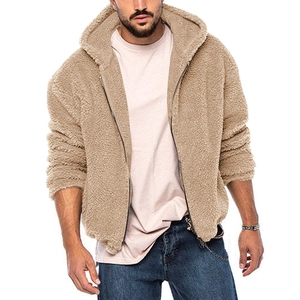 Herren einfarbige Winter-Fleecejacke mit Kapuze und Reißverschluss in Khaki
