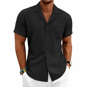 Men's black short sleeve shirt featuring Cuban collar and textured vertical stripes