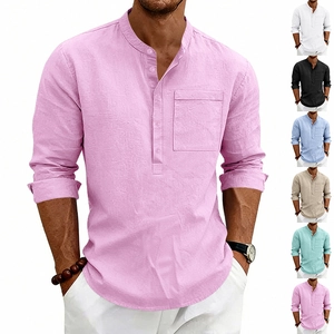 Camicia da uomo in lino a maniche lunghe con colletto alla coreana e tasca in vari colori