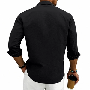 Back view of men's casual long sleeve linen shirt in black with a curved hem design