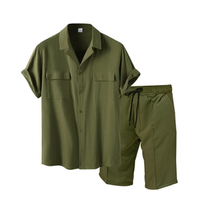 Men's army green 100% cotton short sleeve shirt and shorts set with lapel and pockets