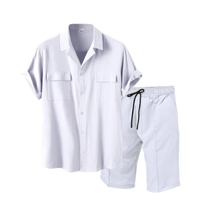 Men's casual two-piece short sleeve shirt and shorts set with drawstring waist