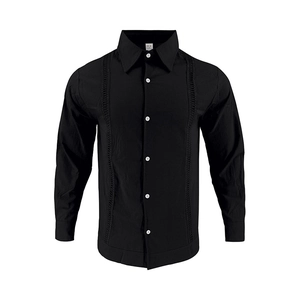Detail of black long-sleeved linen shirt featuring vertical hollow embroidery and white buttons