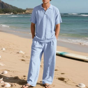 Ensemble 2 pièces en lin pour hommes avec chemise manches courtes et pantalon bleu clair