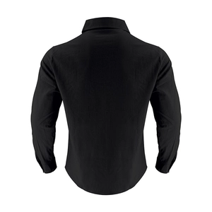Back view of classic black long-sleeve linen shirt with textured fabric and curved hem