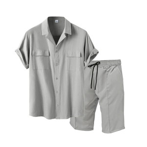 Men's light grey summer leisure set featuring short sleeve button shirt and drawstring shorts