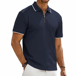 Men's navy blue zipper polo shirt with white jacquard trim and textured fabric