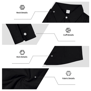 Detail view of black linen-look shirt showing lace patchwork hem and polyester fabric texture