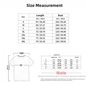 Detailed size chart for men's T-shirt showing measurements from S to 4XL in cm and inches