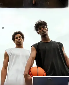 Close-up of men's loose-fit round neck sleeveless sports tank tops in black and white