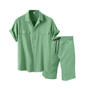 Men's sage green cotton linen short sleeve shirt and shorts casual two-piece set