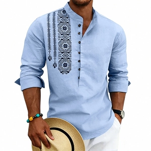 Camicia da uomo bohémien in lino azzurro a maniche lunghe con stampe etniche