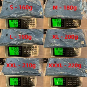 Weight details for blue knit polo shirt from size S at 160g to XXXL at 220g shown on scale