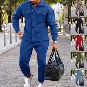 Men's suede casual two-piece set featuring button jacket and joggers in multiple colors