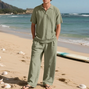 Ensemble 2 pièces homme en lin vert sauge avec chemise et pantalon de plage