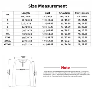 Detailed size chart for men's ribbed henley pullover with measurements from S to 5XL