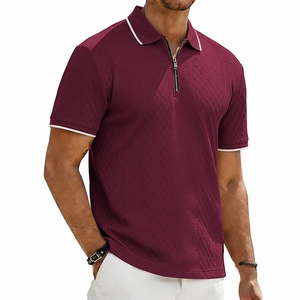 Men's burgundy polo shirt with zigzag jacquard texture and stylish zipper neckline