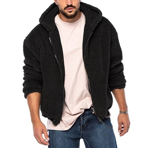 Herren schwere schwarze Sherpa-Jacke mit Kapuze, durchgehendem Reißverschluss und lockerer Form