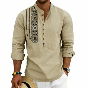 Camicia da uomo in lino kaki con stampe geometriche bohémien e maniche lunghe